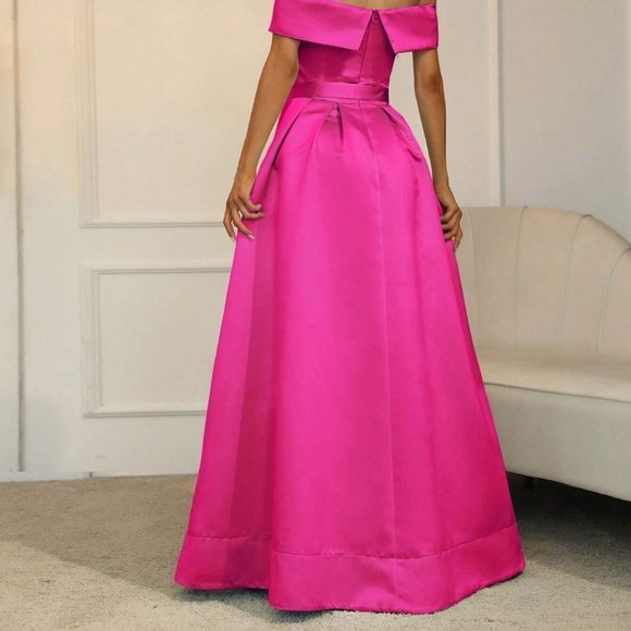Off Shoulder Fold Pleated Split Thigh Satin Dress Pink - Picture 3 of 5